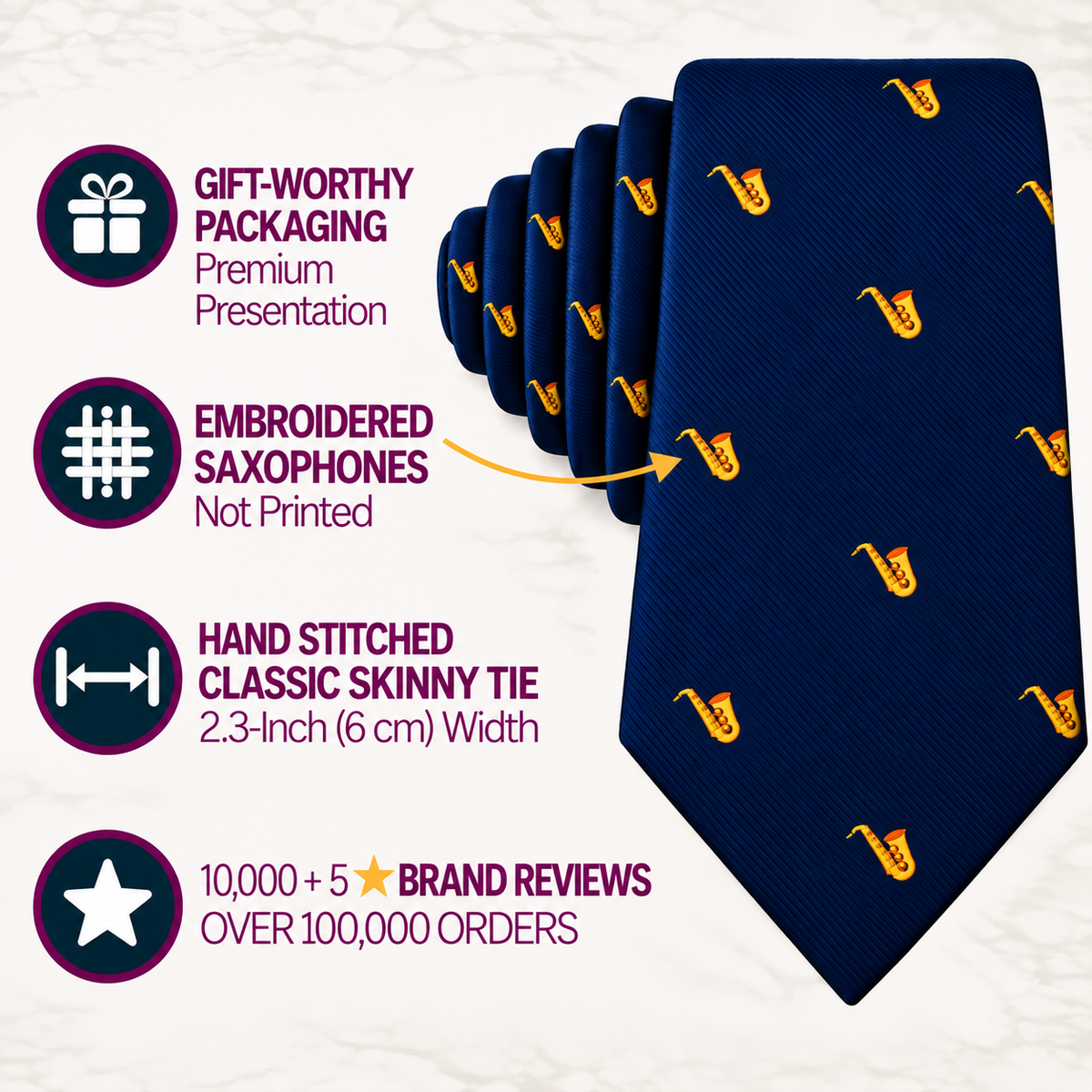 Introducing the Saxophone Skinny Tie in navy blue, featuring small embroidered yellow saxophones and crafted with hand stitching. This 2.3-inch wide jazz tie comes elegantly gift packaged and has earned outstanding brand reviews, making it an ideal musician gift for any saxophone enthusiast.