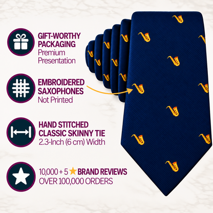 Introducing the Saxophone Skinny Tie in navy blue, featuring small embroidered yellow saxophones and crafted with hand stitching. This 2.3-inch wide jazz tie comes elegantly gift packaged and has earned outstanding brand reviews, making it an ideal musician gift for any saxophone enthusiast.