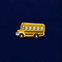 A navy blue School Bus Skinny Tie featuring diagonal stripes and an embroidered yellow school bus in the center.