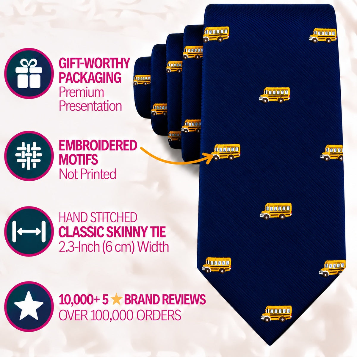 A navy blue School Bus Skinny Tie with small yellow motifs, featuring text boxes that highlight its presentation, stitching, and customer reviews.