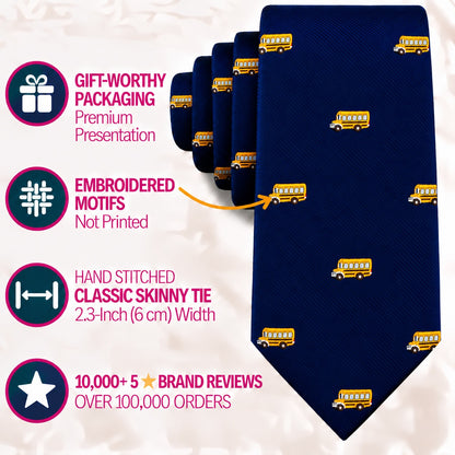 A navy blue School Bus Skinny Tie with small yellow motifs, featuring text boxes that highlight its presentation, stitching, and customer reviews.
