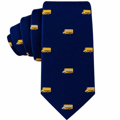 School Bus Skinny Tie in navy blue with a repeating pattern of yellow buses.