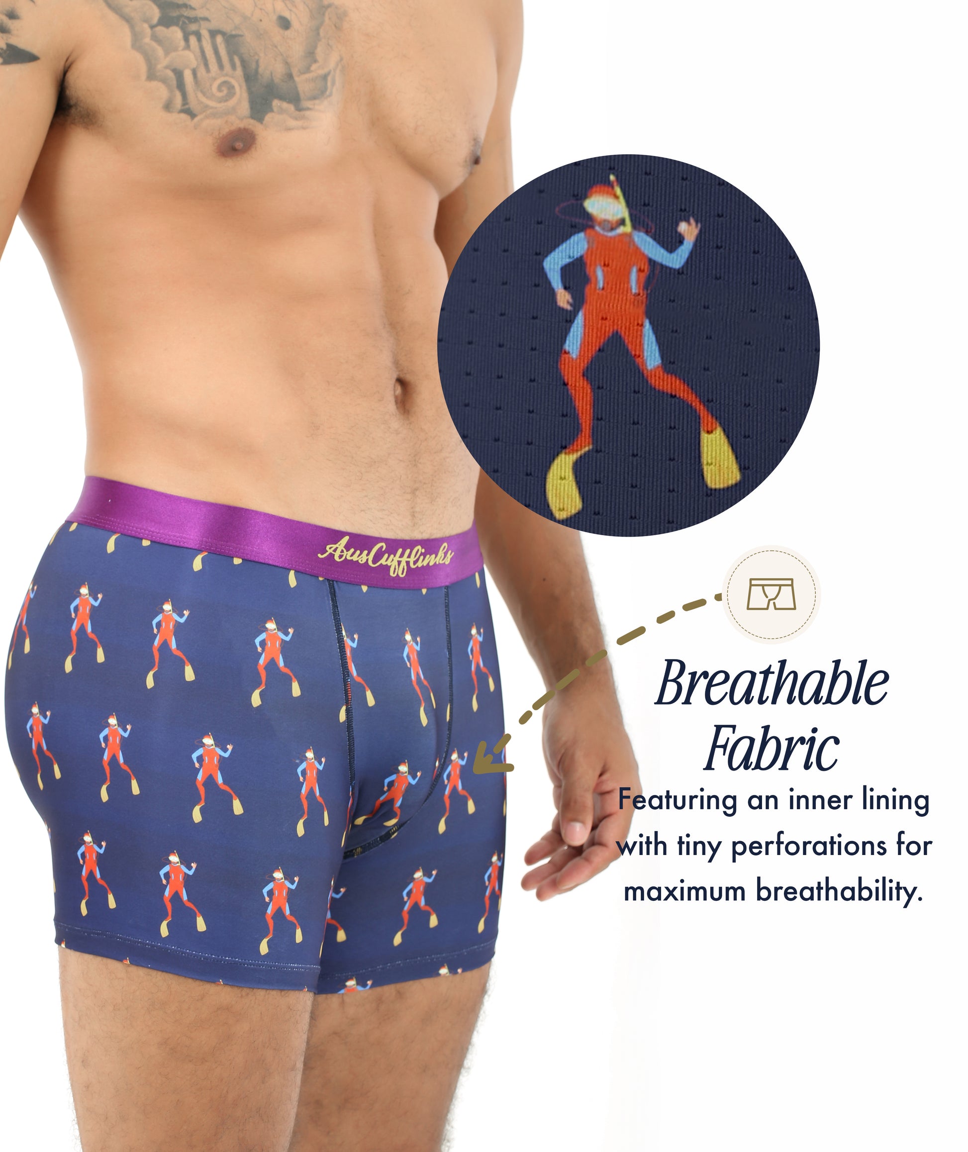 A man wears Scuba Diver Underwear featuring a navy body, purple waistband, and tiny perforations visible in a close-up, emphasizing its breathability and marine-inspired style.