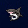 A Great White Shark Skinny Tie featuring an embroidered shark patch on a navy blue diagonal striped background.
