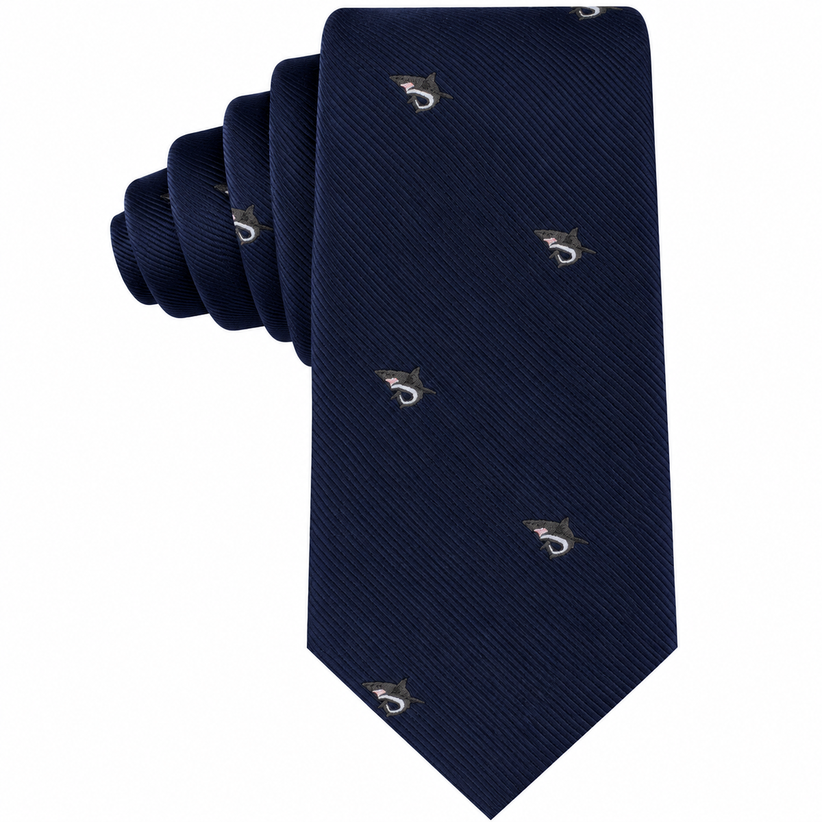 Great White Shark Skinny Tie in navy blue with a repeating pattern of small great white sharks.