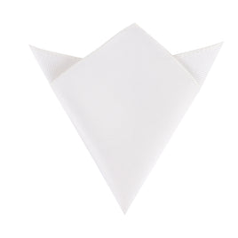 The Silk White Pocket Square, elegantly folded into a triangle with one flap gracefully draped down at the top, is showcased against a plain white background.