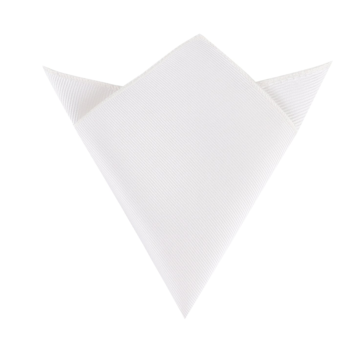 The Silk White Pocket Square, elegantly folded into a triangle with one flap gracefully draped down at the top, is showcased against a plain white background.
