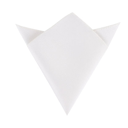 The Silk White Pocket Square, elegantly folded into a triangle with one flap gracefully draped down at the top, is showcased against a plain white background.