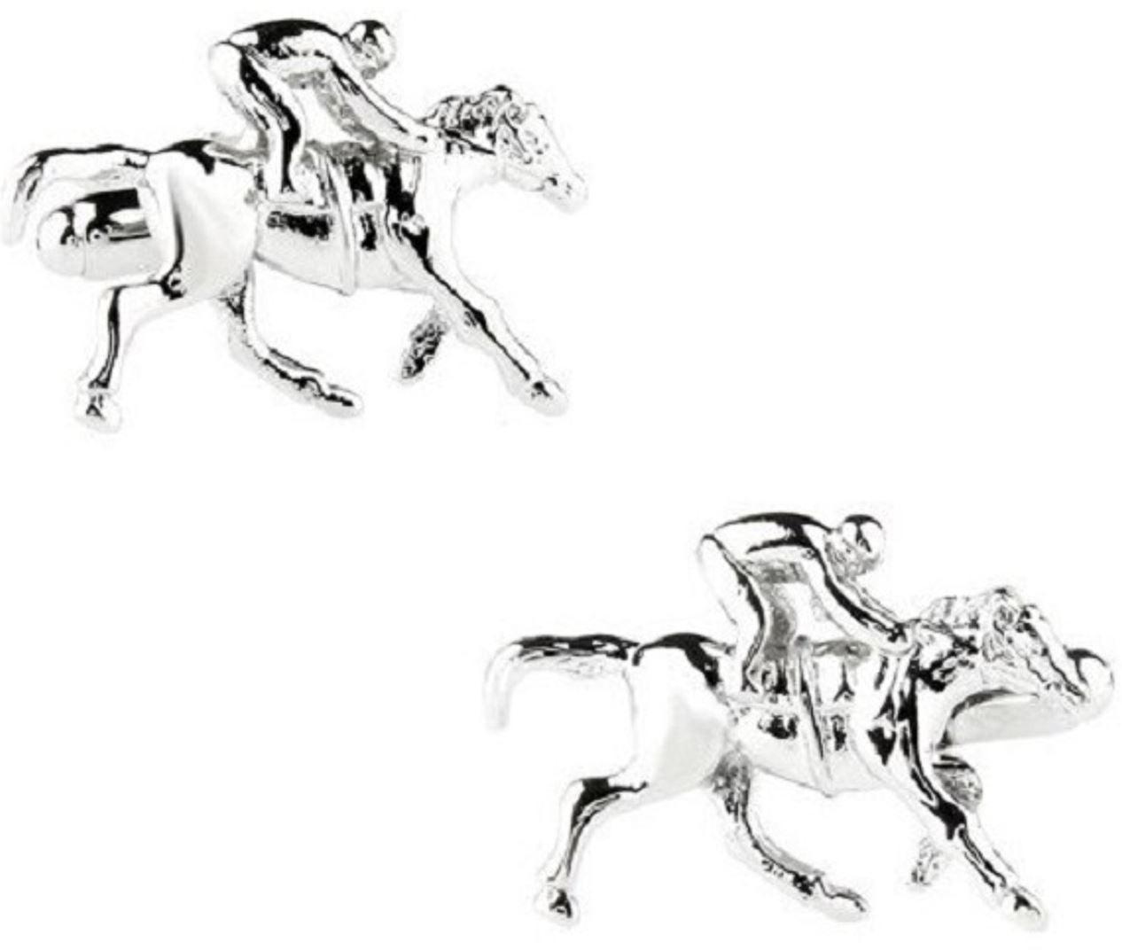 Jockey Cufflinks capture the spirit of a gallop with sartorial greatness, featuring silver cufflinks shaped like a jockey riding a racehorse.