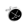 Ice Hockey Cufflinks: Round silver cufflink with a black face featuring two crossed white hockey sticks and a puck—an ideal, timeless gift for any sports fan.