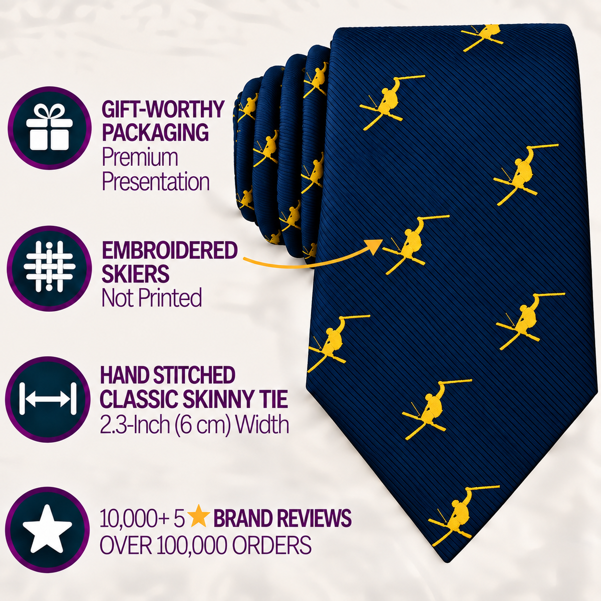 Ski Tie in navy blue, featuring embroidered yellow skiers; presented as hand-stitched and gift-worthy—an ideal choice for a unique ski gift—with excellent reviews, displayed alongside four labeled circles highlighting key product features.