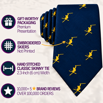 Ski Tie in navy blue, featuring embroidered yellow skiers; presented as hand-stitched and gift-worthy—an ideal choice for a unique ski gift—with excellent reviews, displayed alongside four labeled circles highlighting key product features.