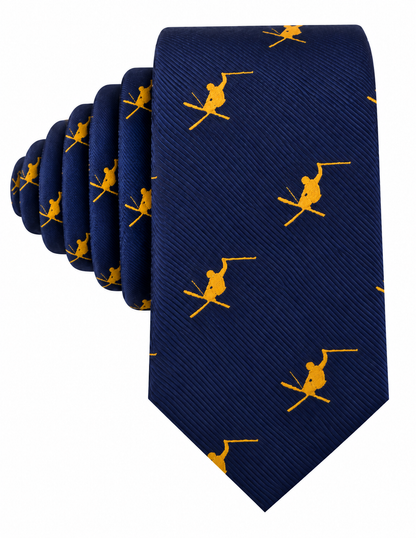 Ski Tie in navy blue featuring a repeating pattern of yellow skiers in various poses—a perfect winter-themed accessory and a unique ski gift for any enthusiast.