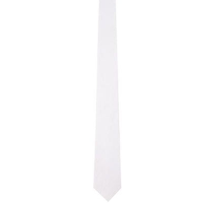 The Classic White Cotton Skinny Tie & Pocket Square Set, ideal for formal events, is a sleek addition to your sophisticated look against a matching background.