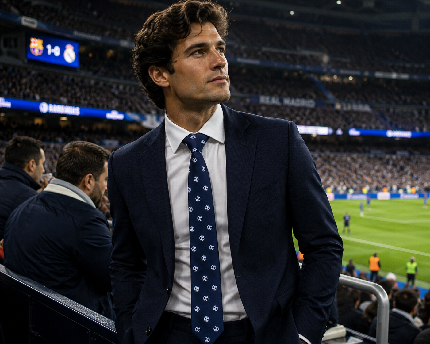 A man wearing a Soccer Skinny Tie stands near the field in a stadium, with a crowded audience and an active soccer match in the background.
