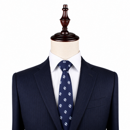 A mannequin showcases the Soccer Skinny Tie—a navy soccer ball print tie—paired with a pinstripe suit and white shirt, making it the perfect gift for any stylish soccer fan.