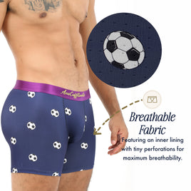 A person wears Soccer Underwear in navy blue with a soccer ball pattern, shown close-up to highlight the fabric's perforations and a text description that emphasizes its breathable, moisture-wicking design.