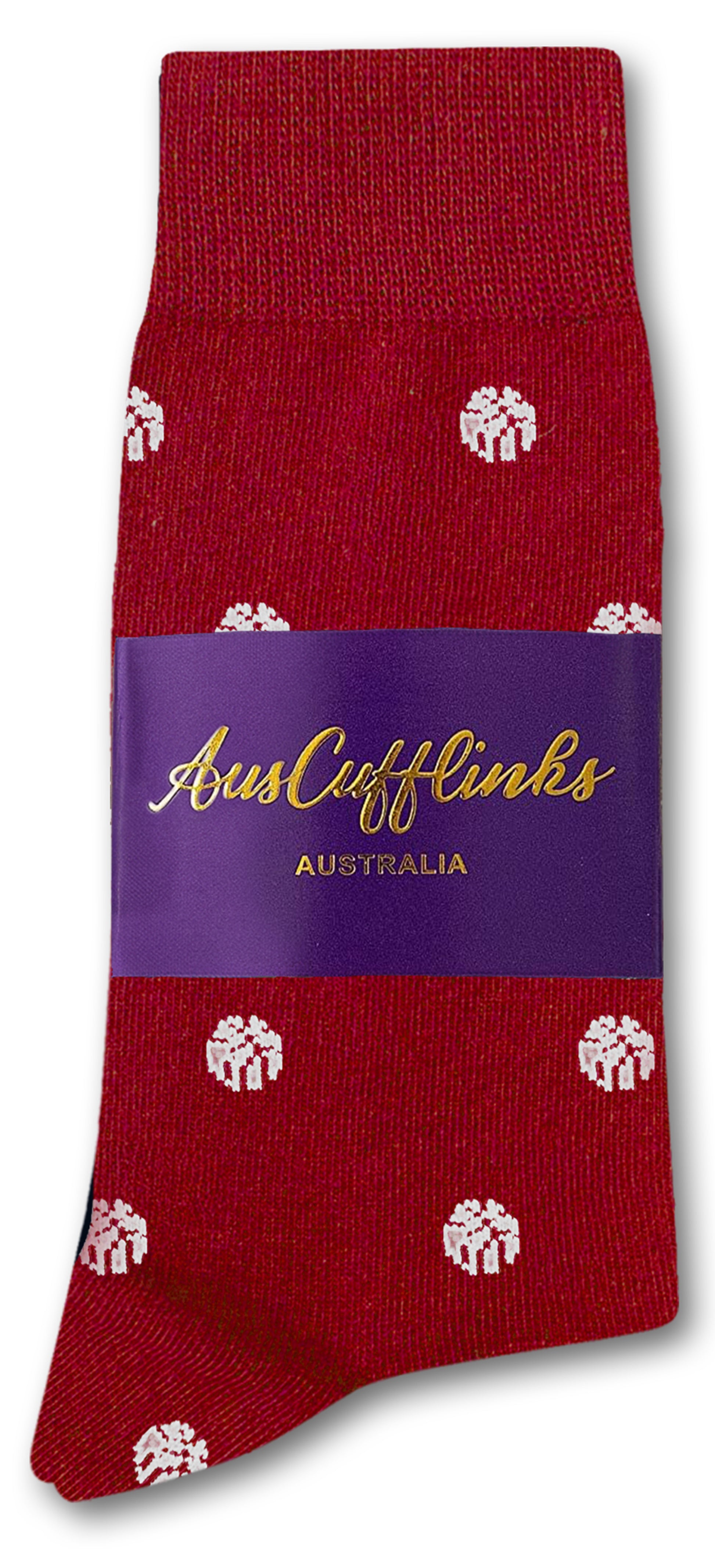 White Basketball Socks featuring small white gift box patterns, wrapped with a purple "AusCufflinks Australia" band, are inspired by NBA colorways for a sporty and festive look.