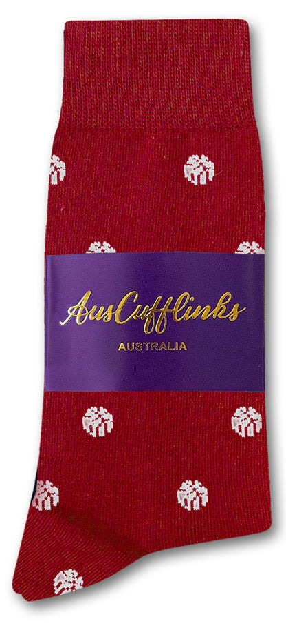 White Basketball Socks featuring small white gift box patterns, wrapped with a purple "AusCufflinks Australia" band, are inspired by NBA colorways for a sporty and festive look.