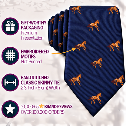 Introducing the Stallion Horse Skinny Tie: a navy blue equestrian-inspired slim tie featuring detailed orange horse embroidery, hand-stitched for quality. Presented in premium gift packaging, this standout accessory combines embroidered motifs with a modern design and is celebrated by customers—with over 10,000 five-star reviews.