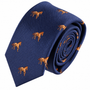 A rolled-up Stallion Horse Skinny Tie in blue, featuring a pattern of small embroidered orange horses, displayed on a white background.