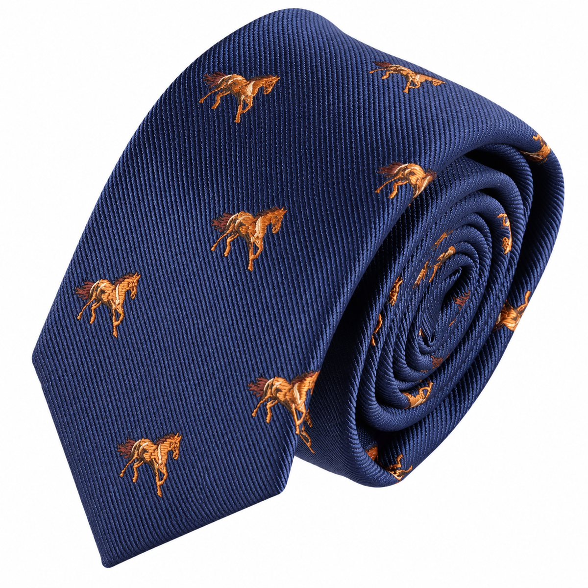 A rolled-up Stallion Horse Skinny Tie in blue, featuring a pattern of small embroidered orange horses, displayed on a white background.