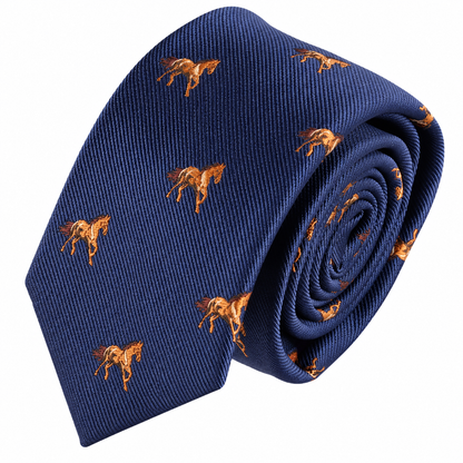 A rolled-up Stallion Horse Skinny Tie in blue, featuring a pattern of small embroidered orange horses, displayed on a white background.