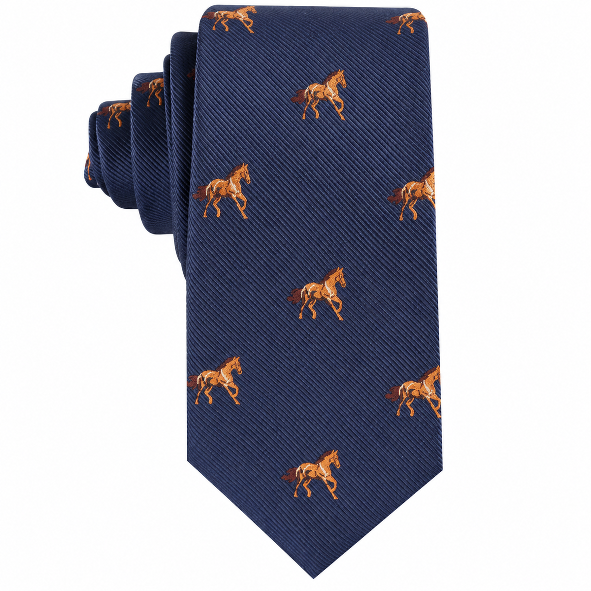 The Stallion Horse Skinny Tie is a navy blue equestrian slim tie featuring a repeating pattern of small brown and tan horse illustrations.