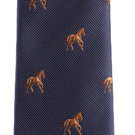 Close-up of the Stallion Horse Skinny Tie in navy blue, featuring a pattern of small embroidered brown horses.