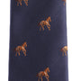Close-up of the Stallion Horse Skinny Tie in navy blue, featuring a pattern of small embroidered brown horses.