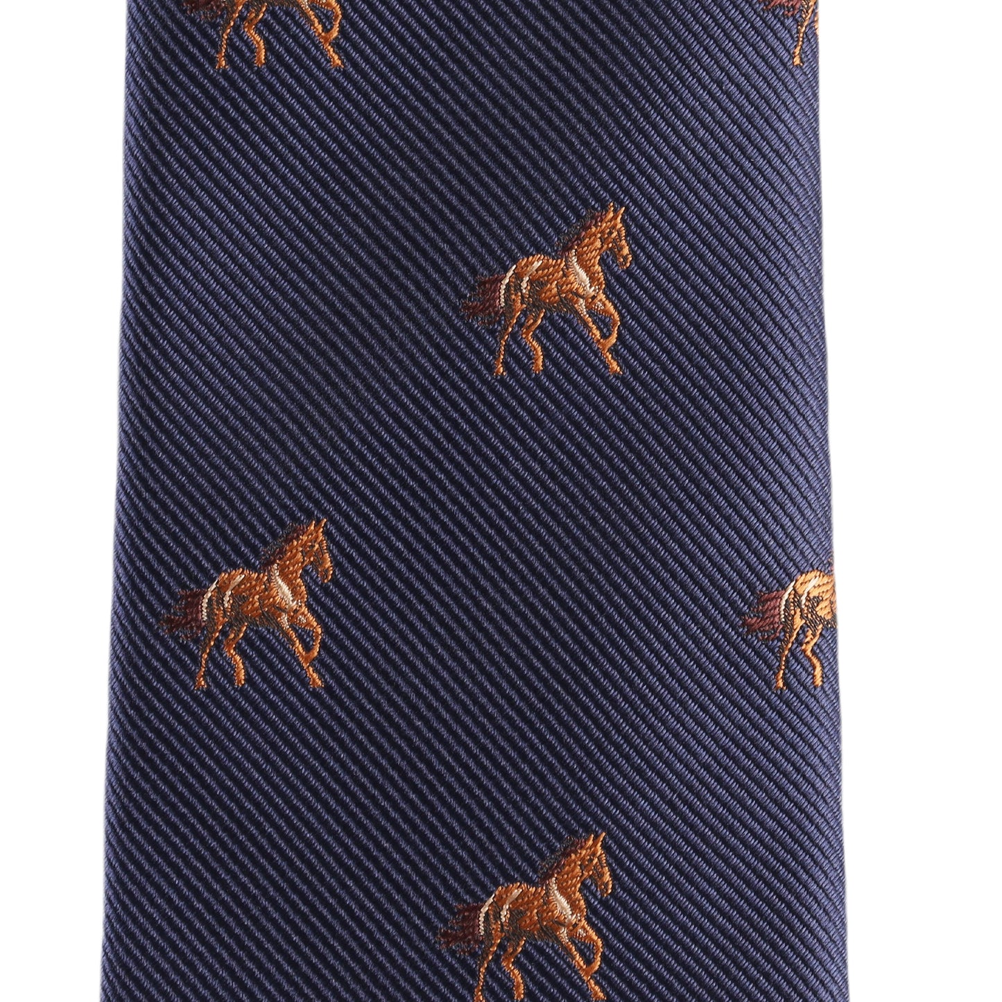 Close-up of the Stallion Horse Skinny Tie in navy blue, featuring a pattern of small embroidered brown horses.