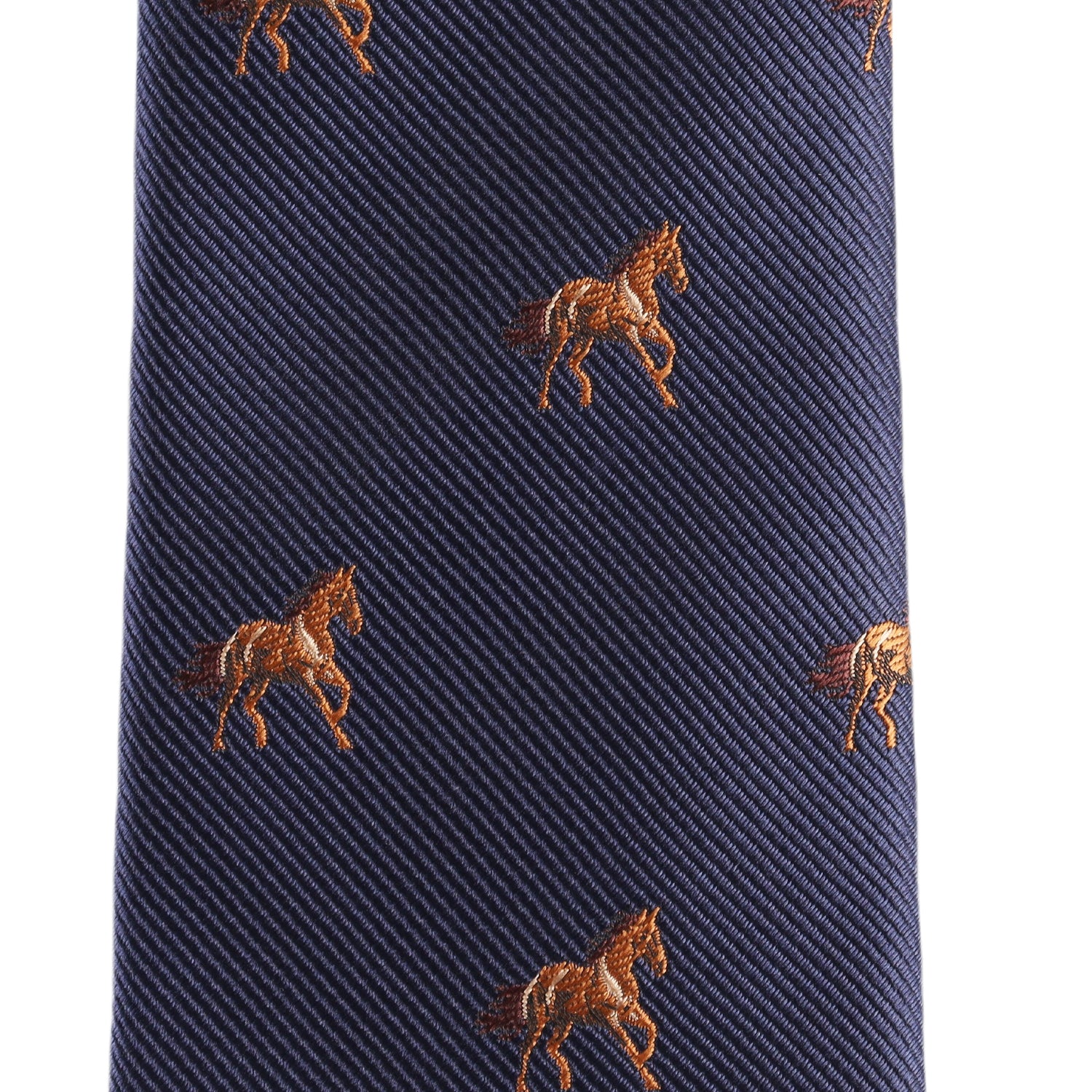 Close-up of the Stallion Horse Skinny Tie in navy blue, featuring a pattern of small embroidered brown horses.