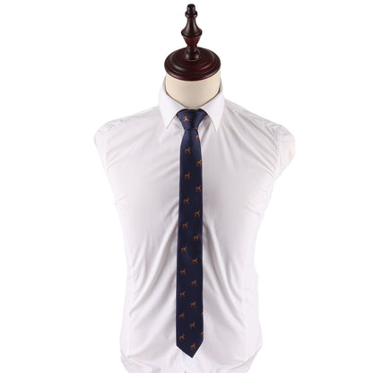 A mannequin torso dressed in a white button-up shirt and the Stallion Horse Skinny Tie, a dark blue tie featuring a small horse pattern.