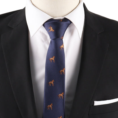 A person wearing a black suit, white dress shirt, and the Stallion Horse Skinny Tie featuring a brown horse pattern on navy blue.