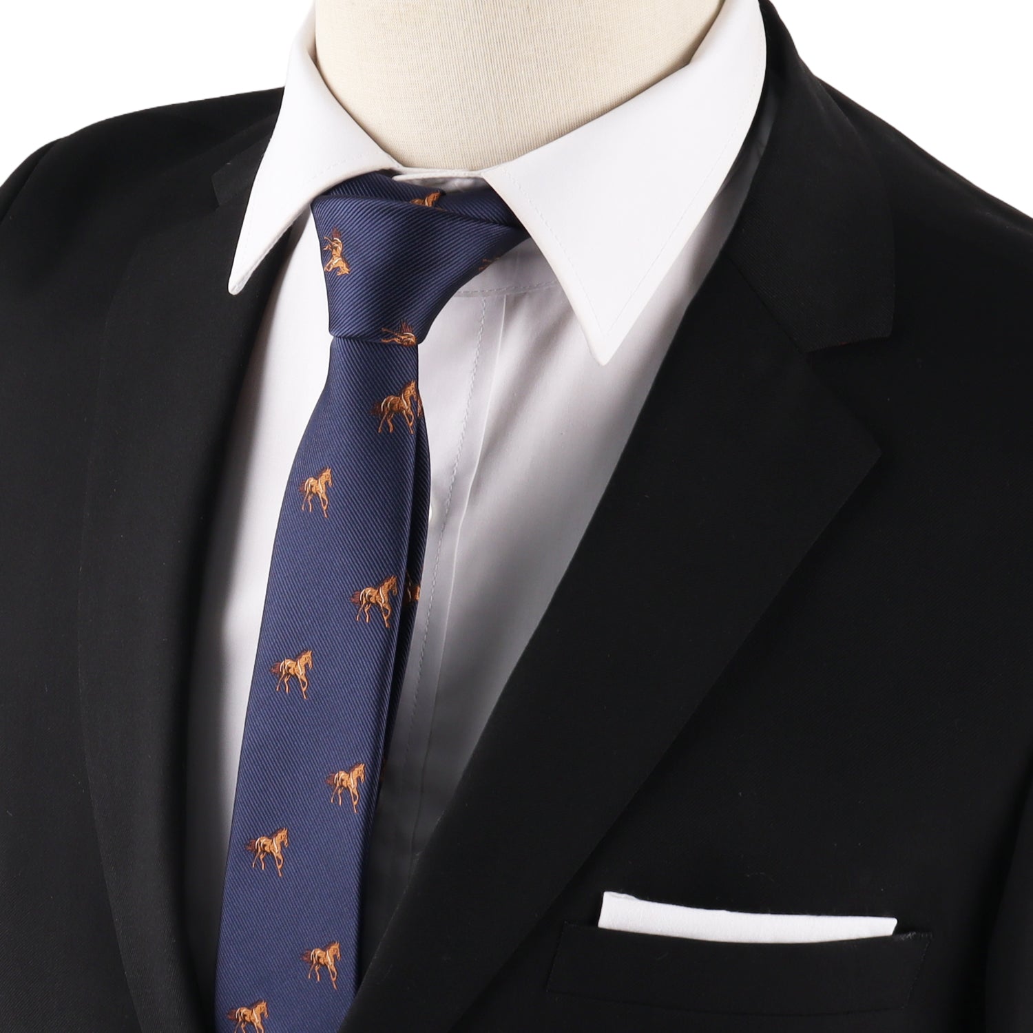 A mannequin is dressed in a black suit, white dress shirt, Stallion Horse Skinny Tie featuring a blue horse pattern, and a white pocket square.
