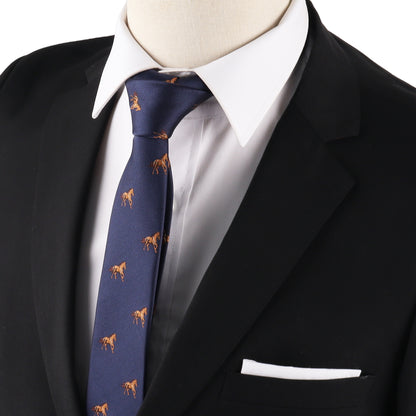 A mannequin is dressed in a black suit, white dress shirt, Stallion Horse Skinny Tie featuring a blue horse pattern, and a white pocket square.