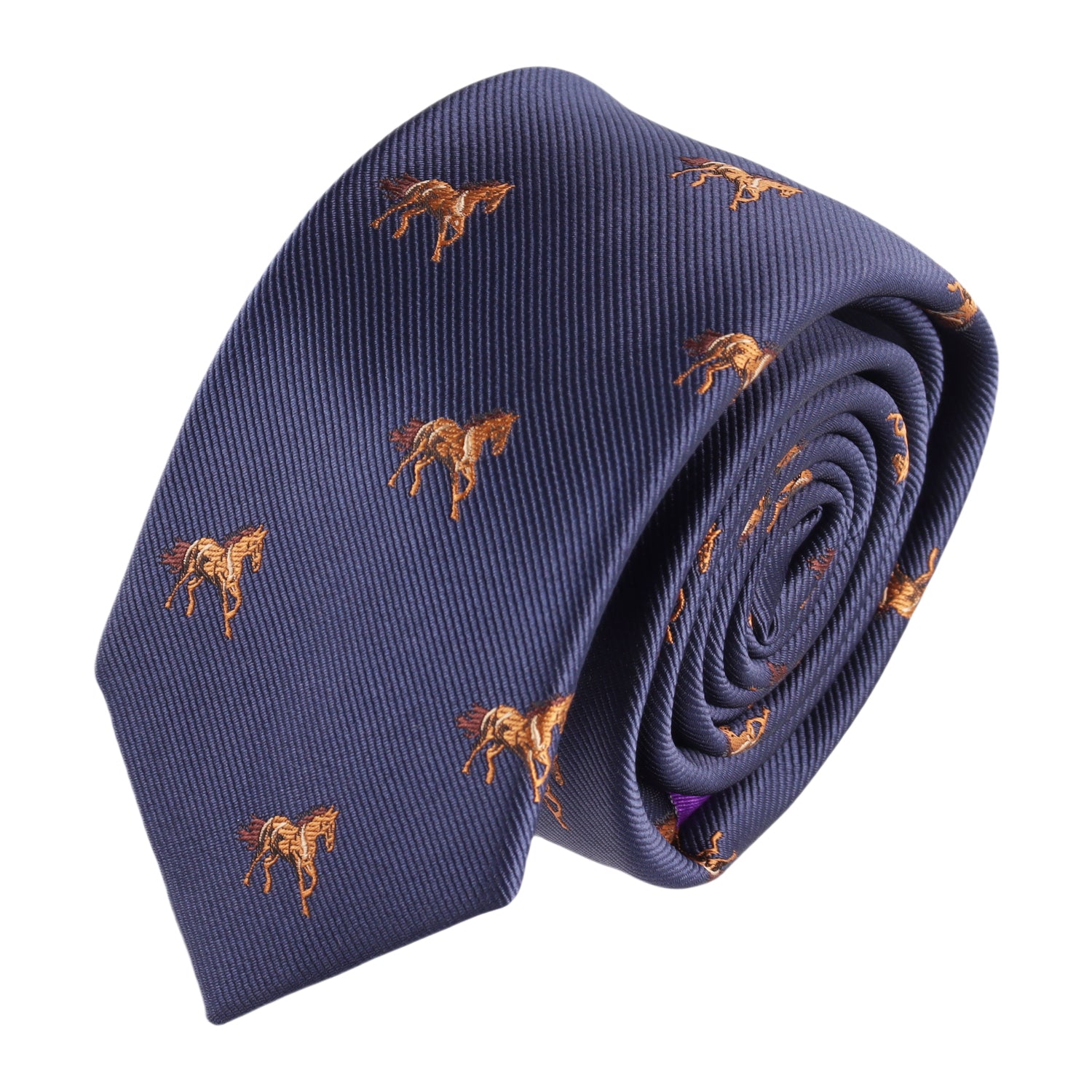 The Stallion Horse Skinny Tie is a rolled-up blue tie with a repeating pattern of small, brown embroidered horses.