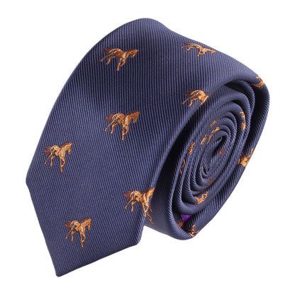 The Stallion Horse Skinny Tie is a rolled-up blue tie with a repeating pattern of small, brown embroidered horses.