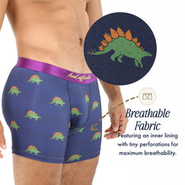 Someone sports Stegosaurus Underwear—navy boxer briefs featuring green dino prints, a purple waistband, and small perforations for breathability, ensuring these novelty boxers are as comfortable as they are fun.