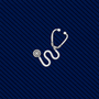 Centered on a dark blue, diagonally striped background, the Stethoscope Skinny Tie features a silver stethoscope icon reminiscent of a classic medical professional accessory.