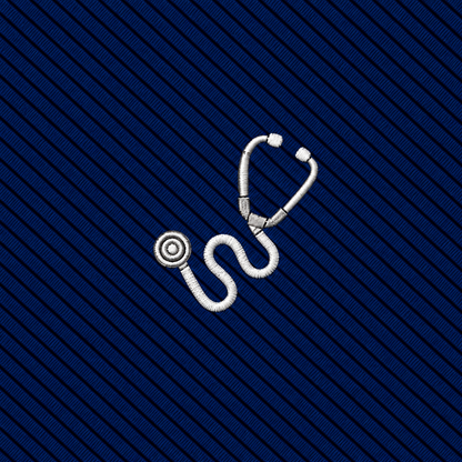 Centered on a dark blue, diagonally striped background, the Stethoscope Skinny Tie features a silver stethoscope icon reminiscent of a classic medical professional accessory.