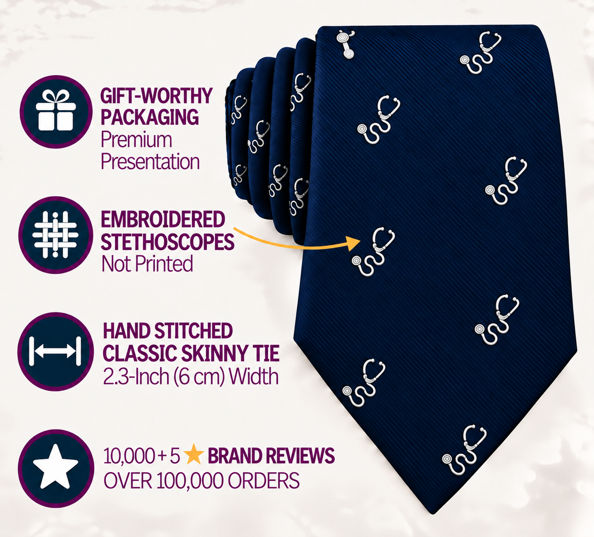 Stethoscope Skinny Tie – a navy skinny tie embroidered with stethoscopes, presented in a premium gift box and showcasing stitched details. With over 10,000 reviews, it’s the perfect medical necktie or thoughtful accessory for medical professionals.