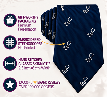 Stethoscope Skinny Tie – a navy skinny tie embroidered with stethoscopes, presented in a premium gift box and showcasing stitched details. With over 10,000 reviews, it’s the perfect medical necktie or thoughtful accessory for medical professionals.