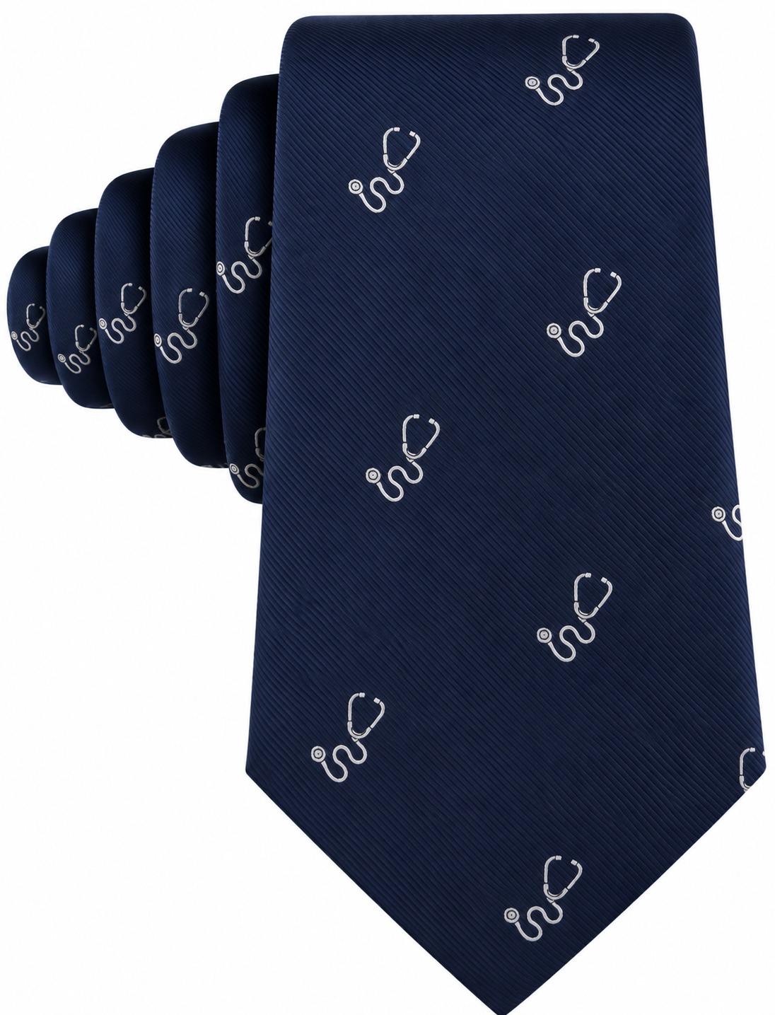 The Stethoscope Skinny Tie features a navy blue design with a repeating pattern of small white stethoscope illustrations, making it the perfect medical professional accessory for any healthcare provider.