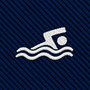 A white embroidered swimmer icon above waves stands out on the ribbed dark blue fabric background, creating an elegant print perfect for the Swimming Skinny Tie.