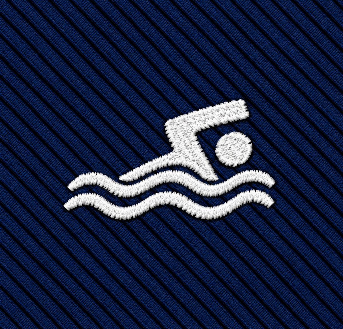 A white embroidered swimmer icon above waves stands out on the ribbed dark blue fabric background, creating an elegant print perfect for the Swimming Skinny Tie.