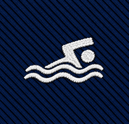 A white embroidered swimmer icon above waves stands out on the ribbed dark blue fabric background, creating an elegant print perfect for the Swimming Skinny Tie.