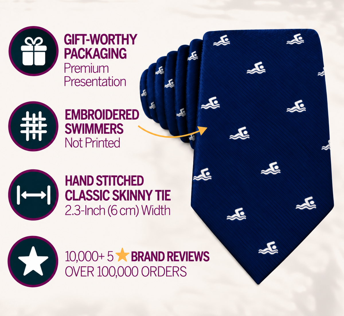 Swimming Skinny Tie in navy blue, featuring white embroidered swimmer icons. Includes special packaging and 2.3-inch width, with over 10,000 five-star reviews—an ideal water sports accessory for any enthusiast.