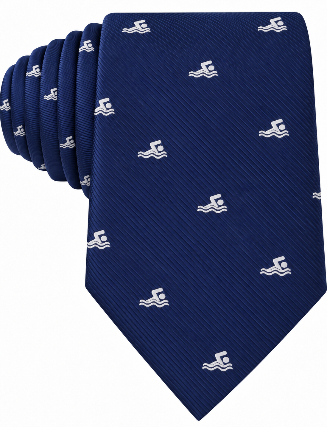 Introducing the Swimming Skinny Tie in navy blue, featuring a textured fabric background adorned with a repeating white swimmer icon pattern.