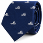Introducing the Swimming Skinny Tie: a rolled-up navy blue tie featuring a repeating embroidered white swimmer icon pattern—perfect for water sports enthusiasts.